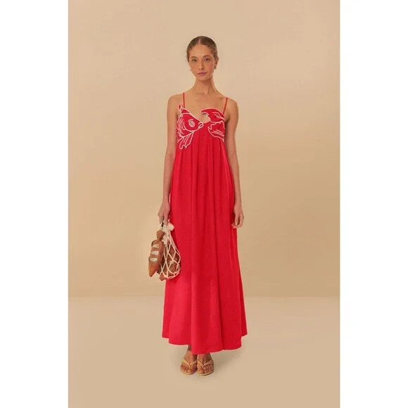 chinese dress ladies Off-White Graphic Fishes Euroflax Premium Linen Maxi Dress  FARM Rio